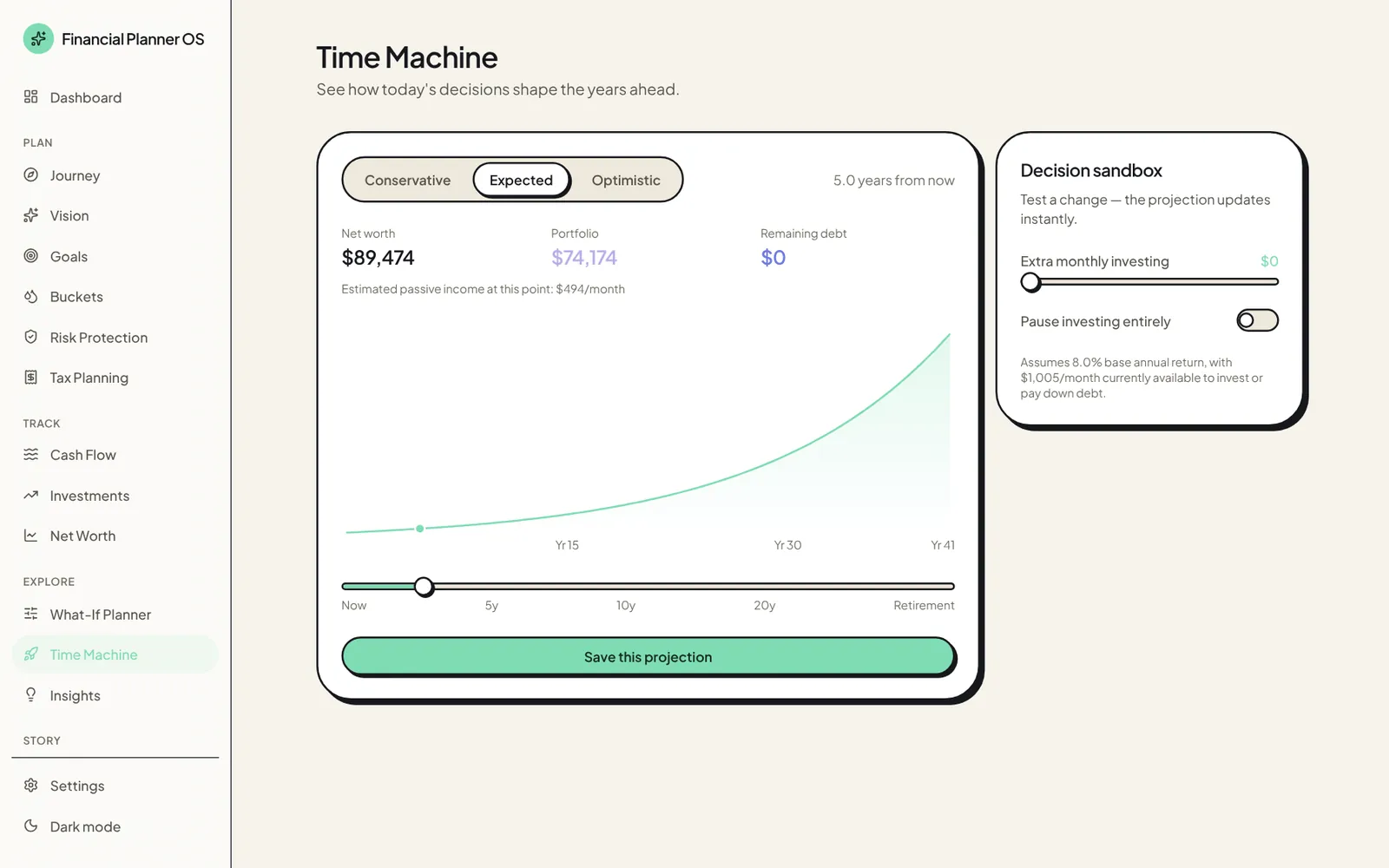Time Machine projecting net worth to retirement under conservative, expected and optimistic scenarios