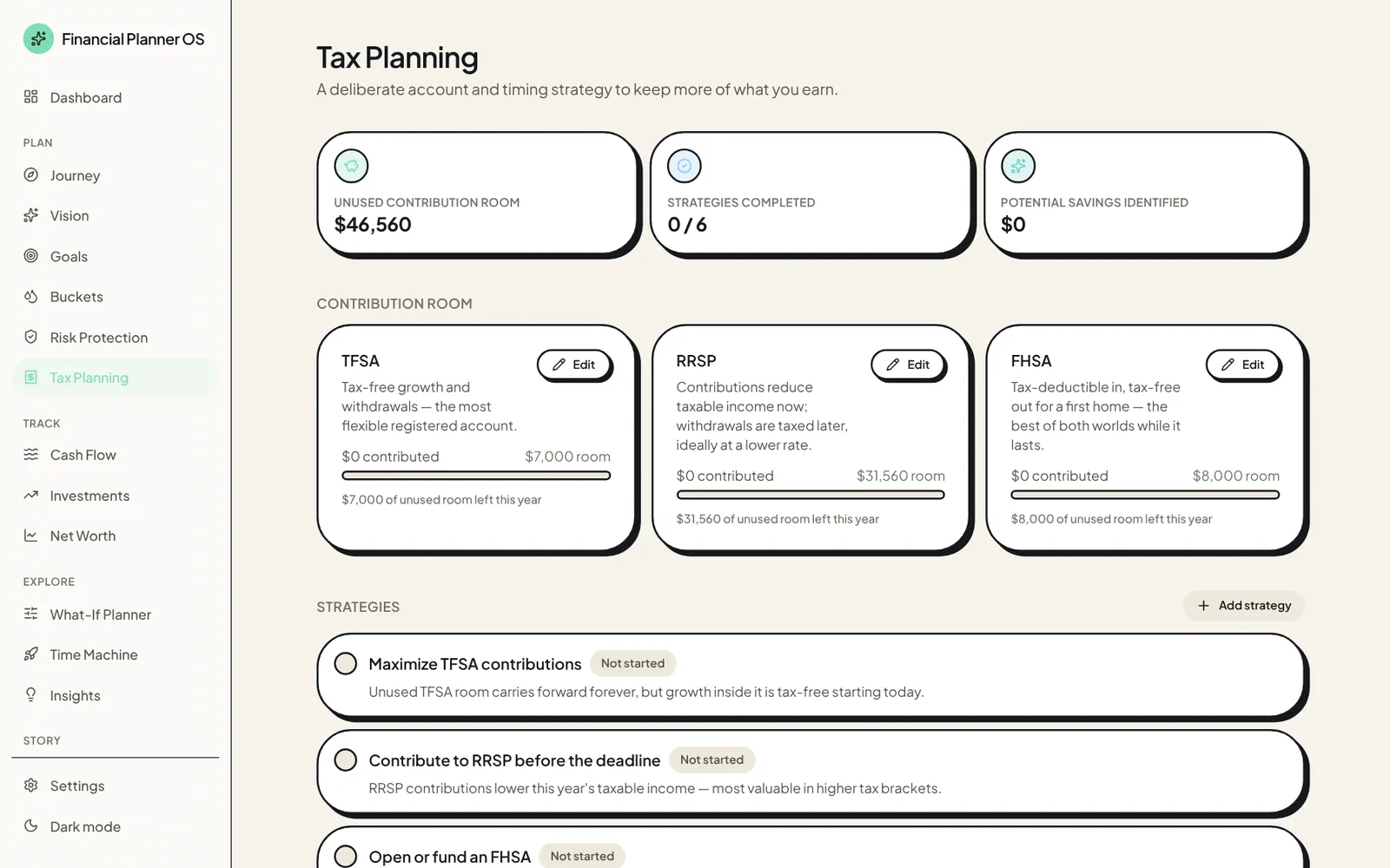 Tax planning page with unused TFSA, RRSP and FHSA contribution room and a list of strategies