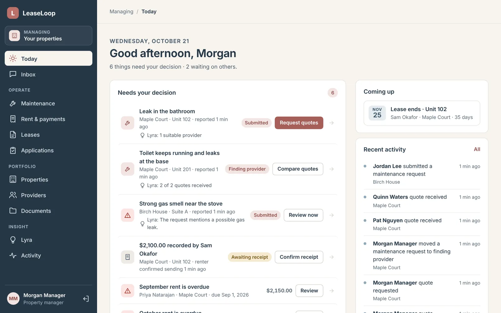 Manager's Today view listing six items that need a decision, with Lyra's notes under each and recent activity on the right