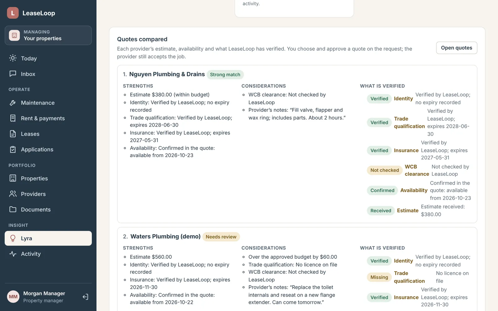 Two plumbing quotes compared side by side, with strengths, considerations and which credentials LeaseLoop has verified