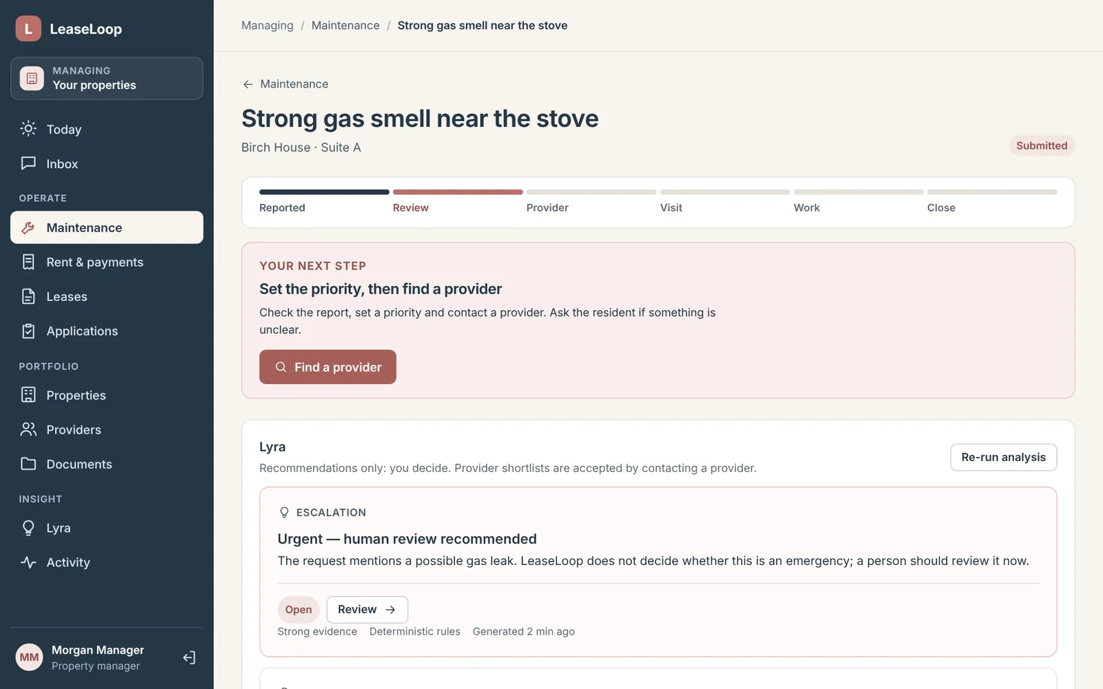 A maintenance request for a strong gas smell, with Lyra recommending urgent human review