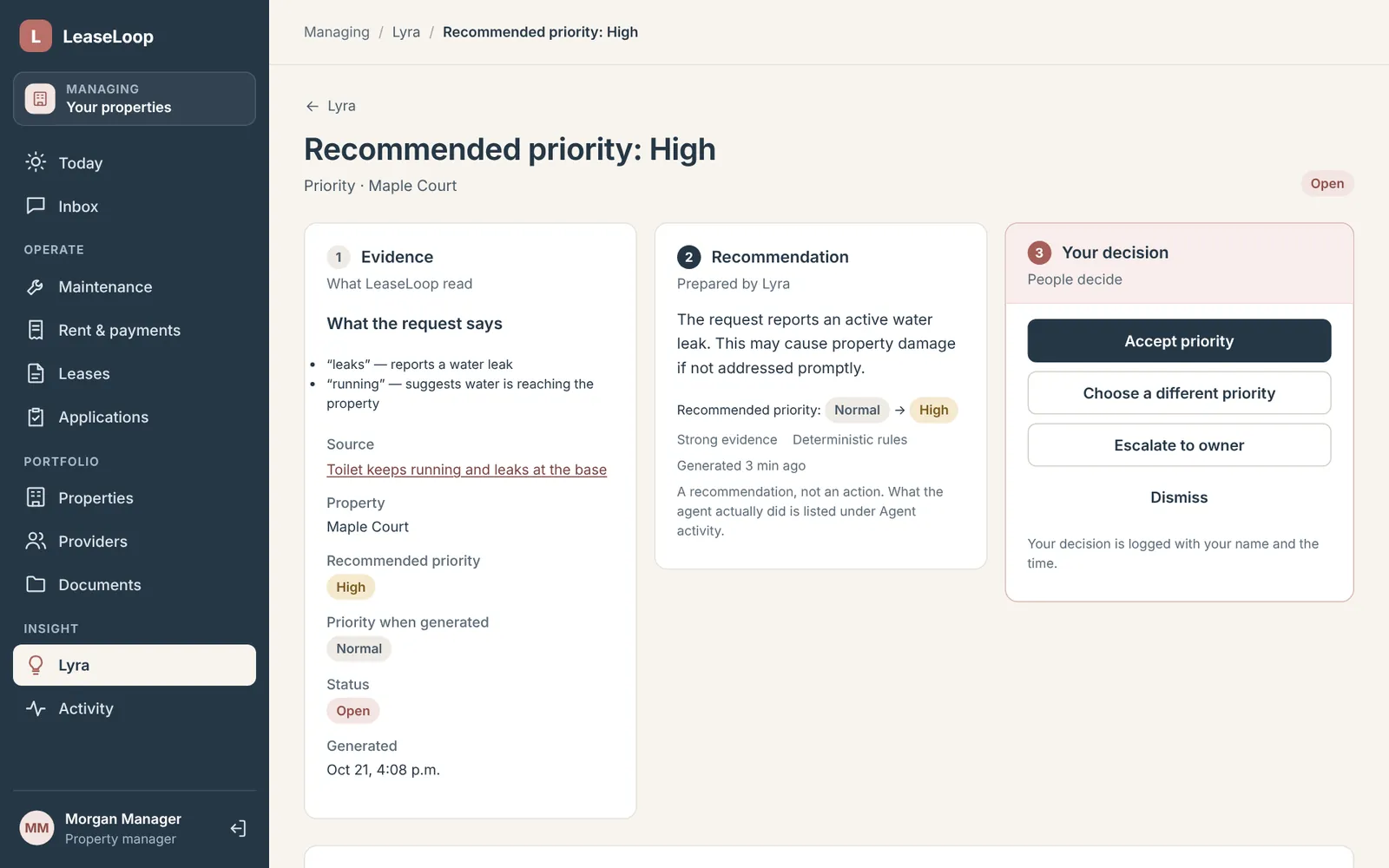 A Lyra recommendation shown as three columns, evidence, recommendation and the manager's decision