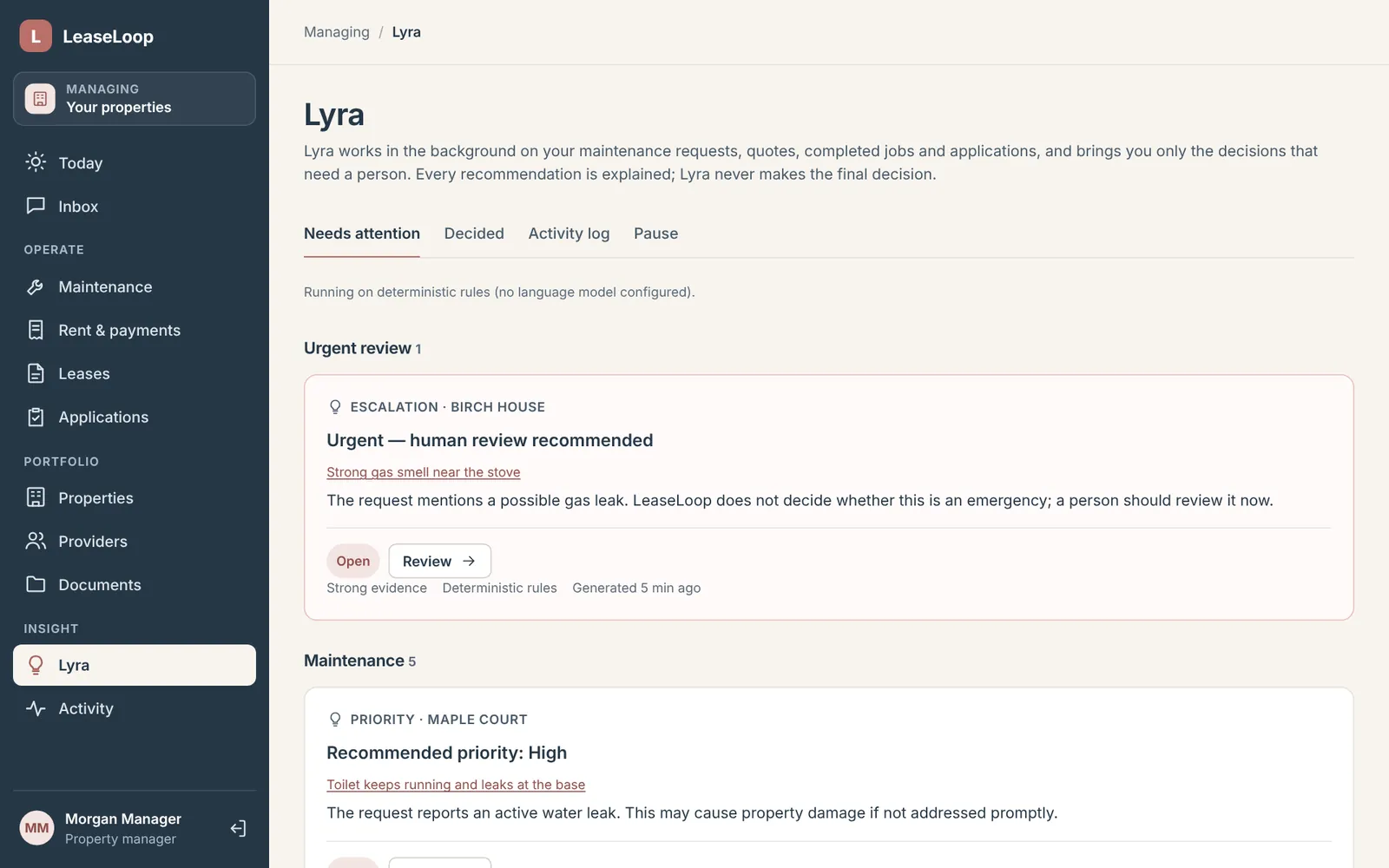 Lyra's page listing open recommendations grouped by urgency, with tabs for decided items and the activity log