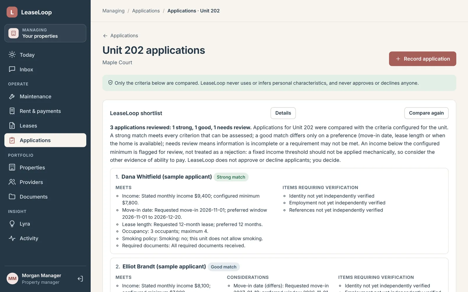 Three sample rental applications for Unit 202 compared against the unit's criteria, with items still to verify