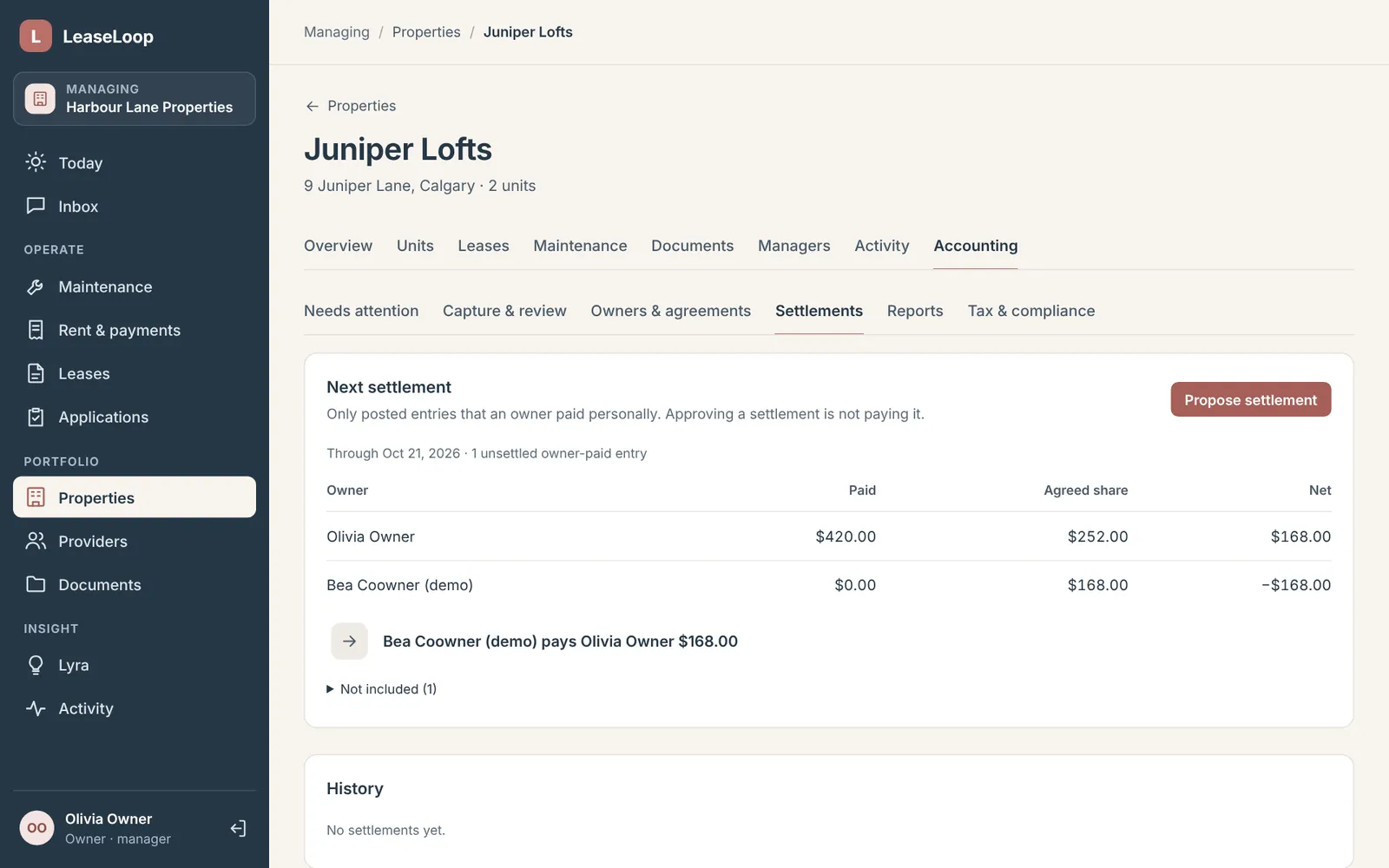 A settlement summary showing one co-owner owes the other 168 dollars