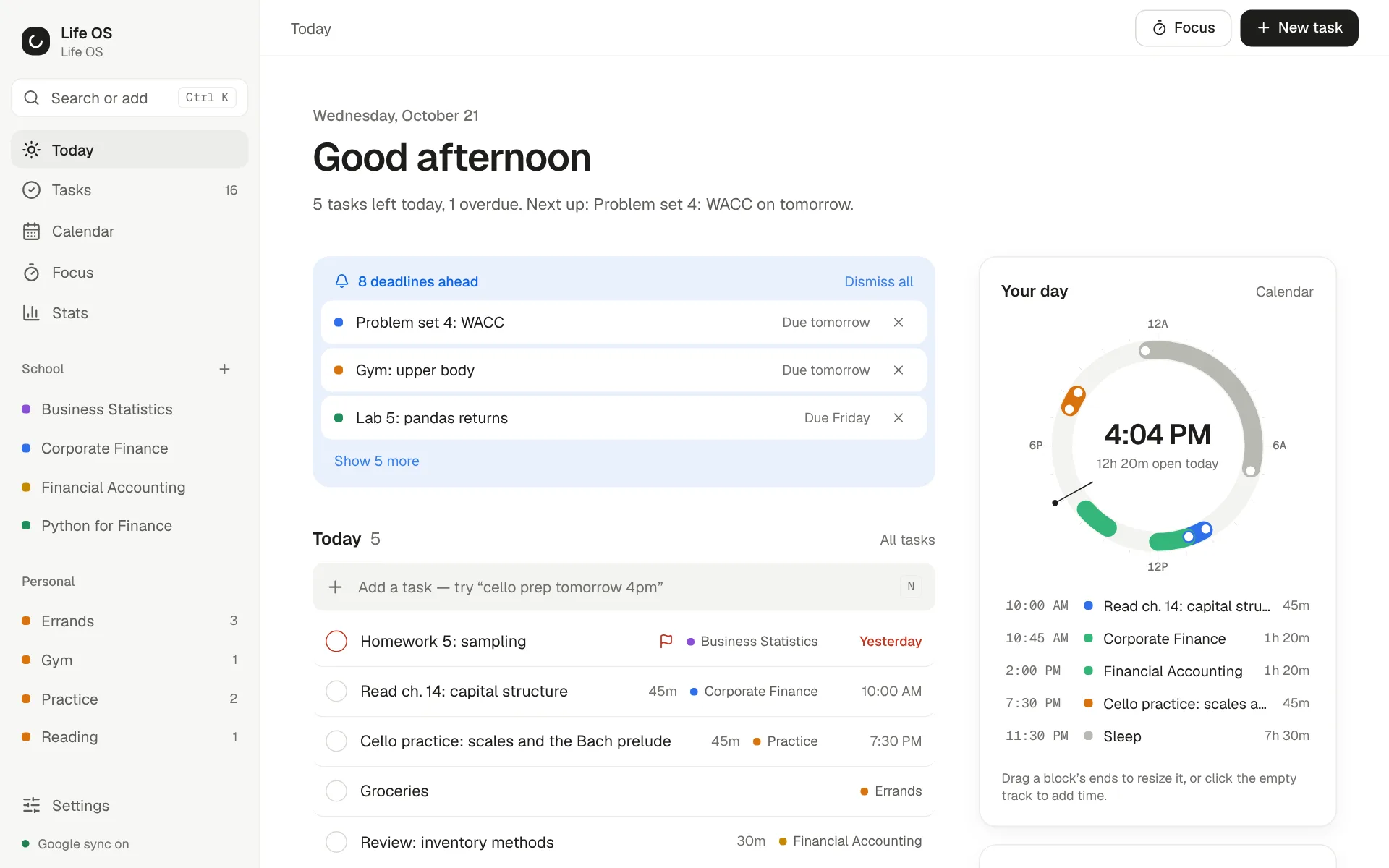 Life OS on its Today view, with sample tasks, deadlines and the day ring