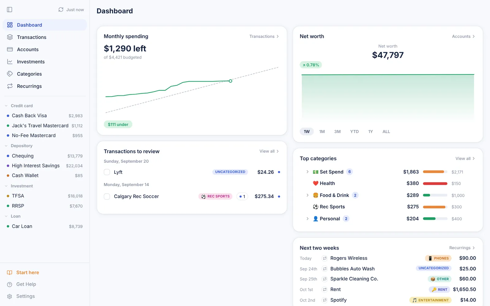 OurBudget dashboard with monthly spending against budget, net worth, transactions to review, top categories and upcoming bills