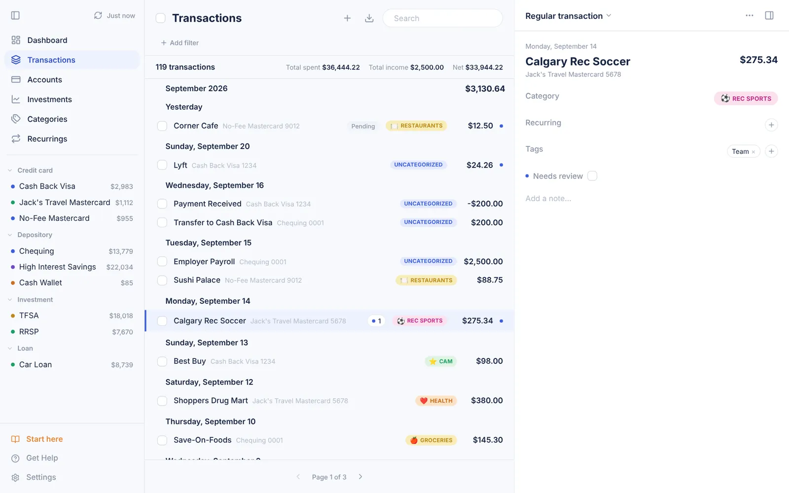 Transactions list grouped by day with category tags, and a detail pane for one transaction