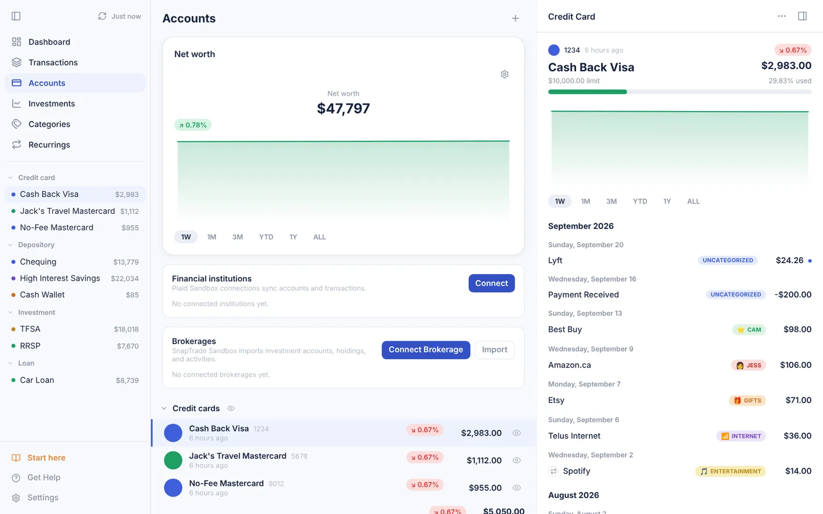 Accounts page with net worth chart and a credit card's balance, limit and recent transactions