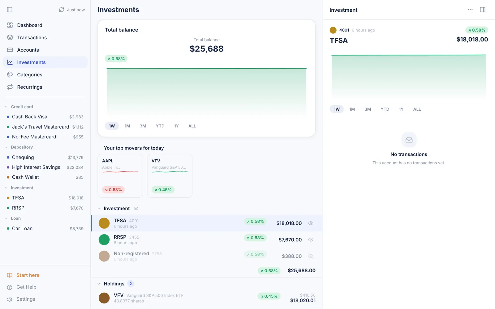 Investments page with total balance, top movers and holdings, and a TFSA's detail