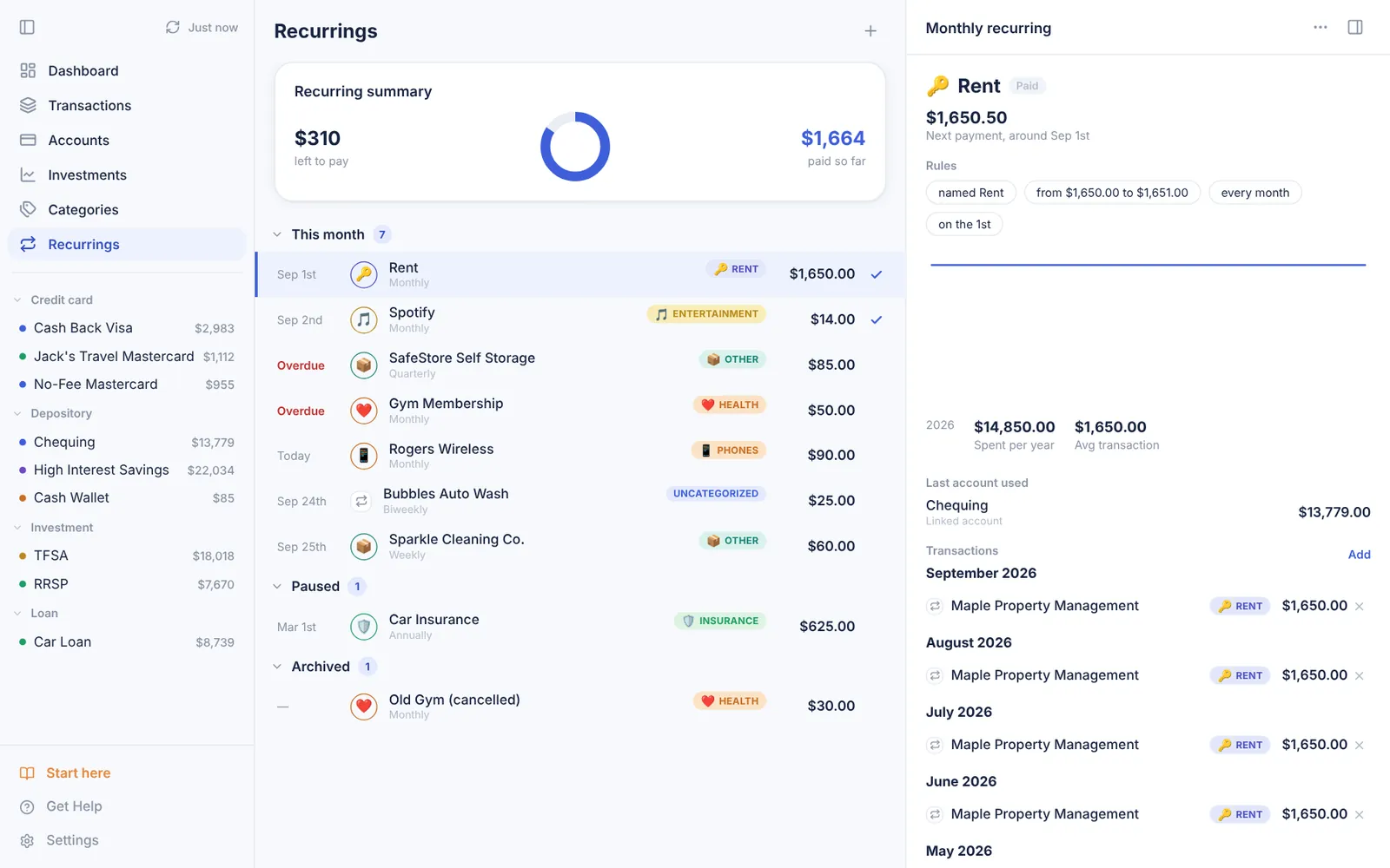 Recurring bills grouped by this month, paused and archived, with a rent rule and its payment history