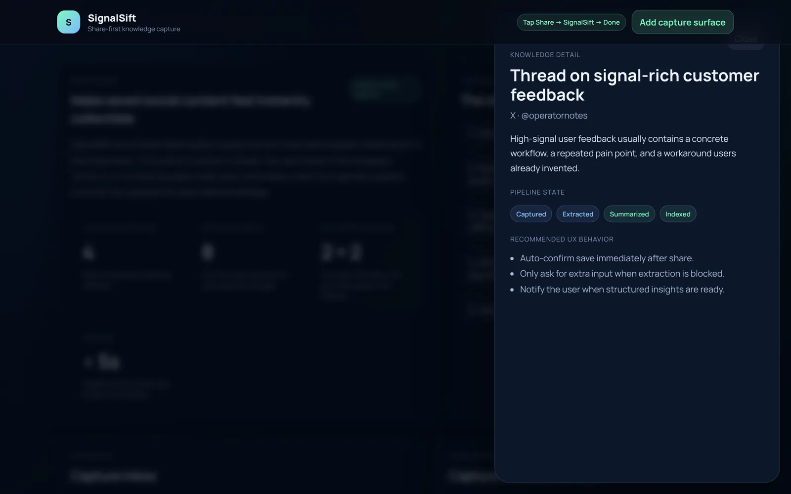 A saved post opened in a side panel showing its summary and pipeline stages from captured to indexed